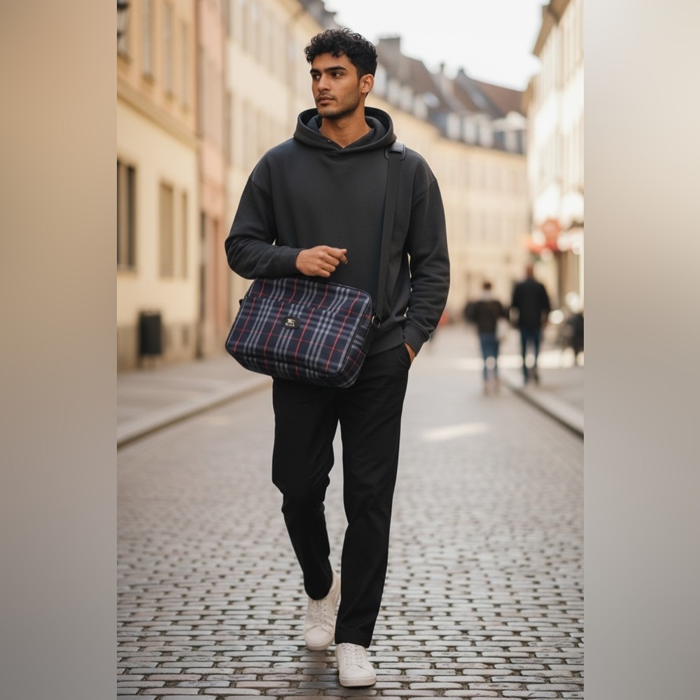 Burberry Men's Blue and Red Plaid Messenger Bag